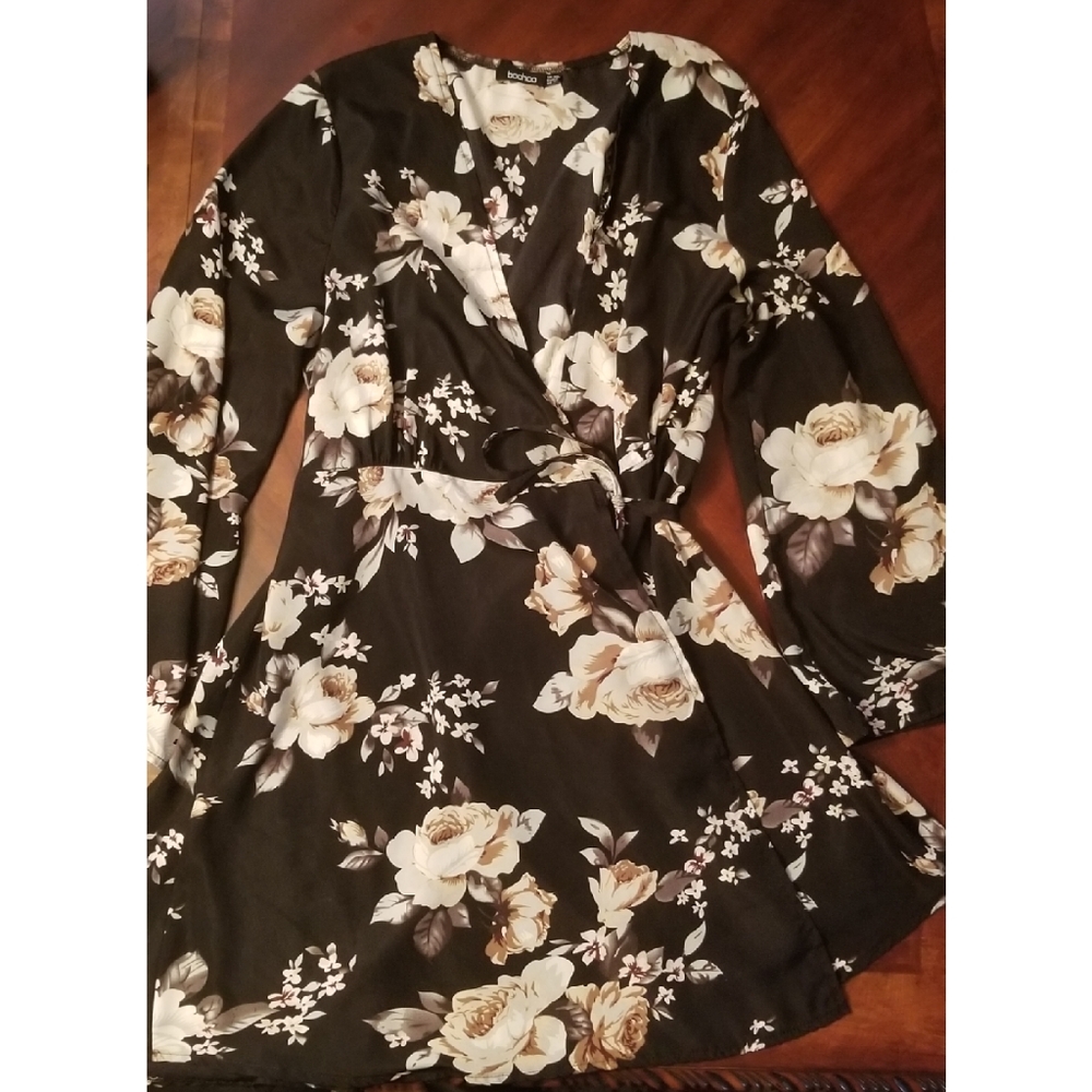 Black Floral Wrap Mini Dress